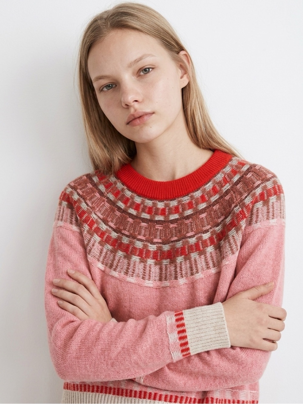 Madewell Fair Isle Mayer Pullover Sweater Heather Blossom Pink Red Size M Wool B
